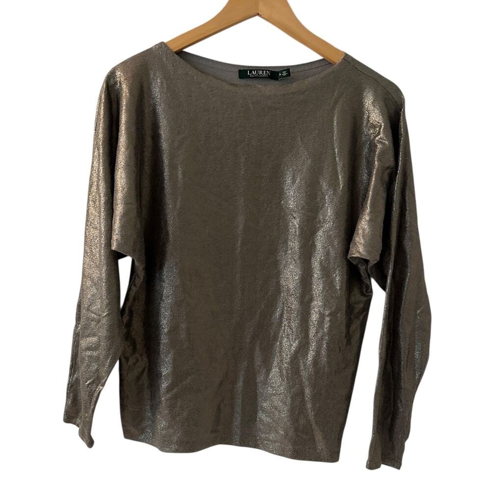 Lauren Ralph Lauren Silver Shiny Stretchy Crewneck Long Dolman Sleeve Top Size S